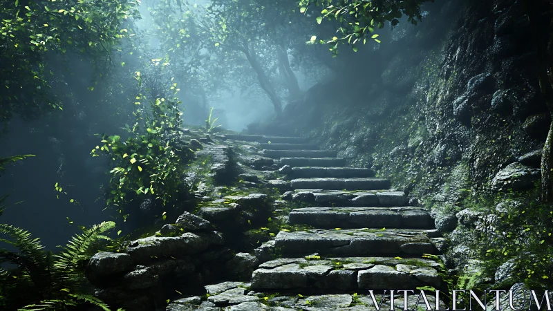 Stone pathway through misty ancient forest with verdant moss.