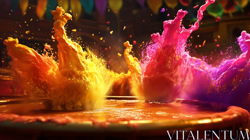 Colorful liquid splashes erupt from circular festival basin