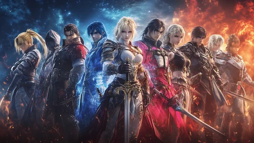 Fantasy warrior lineup with elemental fire and ice clash.