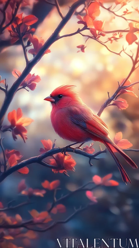 Scarlet songbird rests in dreamy spring blossom light