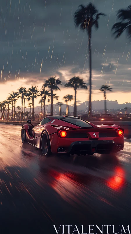 Red supercar glides through rainy palm-lined city street