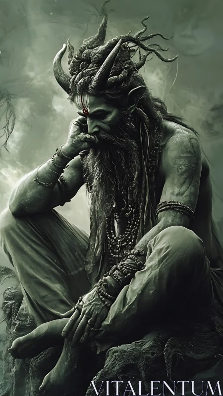 Horned forest sage in contemplative seated profile, monochrome green