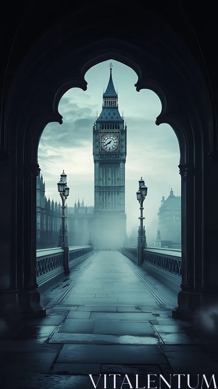Fog-drenched Big Ben framed by gothic arch and bridge.