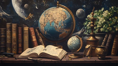 Celestial cartography still life with globes and archival books.