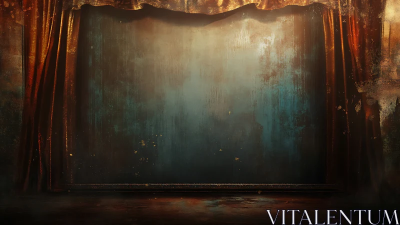 Aged theater proscenium frames an empty textured stage