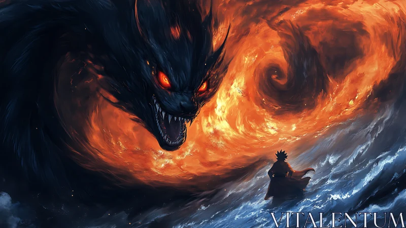 Dark flame creature confronts lone figure amid turbulent sea