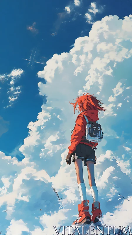 Skystrider in red hoodie quietly measures the vast clouds