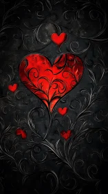 Red Heart Adorned With Scrolling Ornament Against Textured Black.