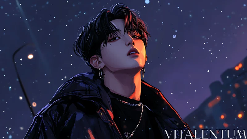 Young male figure in dark street setting with snowfall.