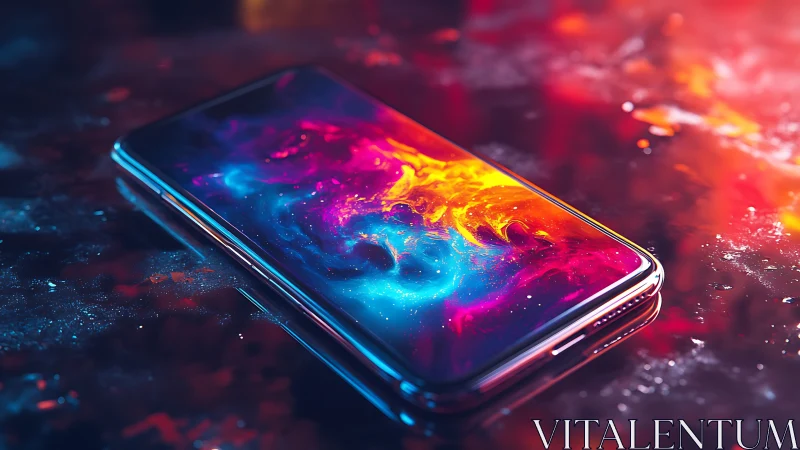 Edge-lit smartphone on wet surface with nebula display glow