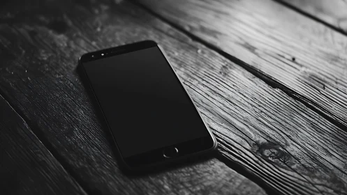 Smartphone on weathered wooden surface captured in high-contrast monochrome.