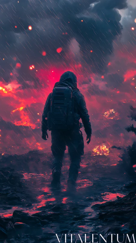 Lone wanderer strides through a burning stormlit wasteland