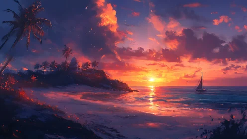 Tropical shoreline sunset with sailboat and high cloud drama
