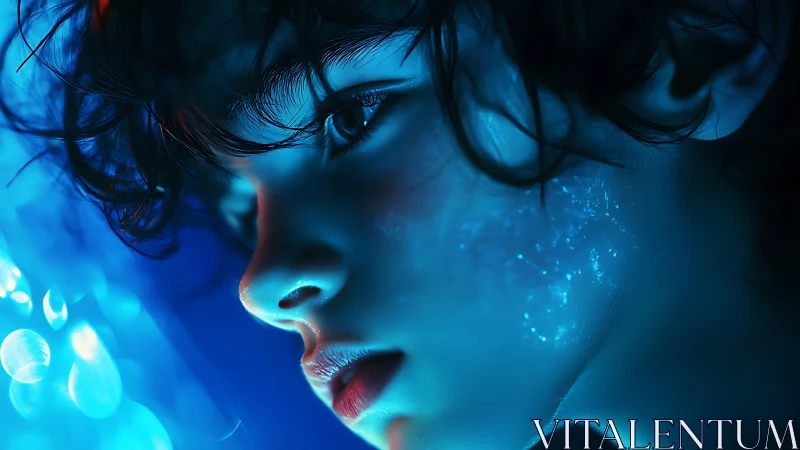Side-lit portrait in cyan bioluminescent glow, shallow focus