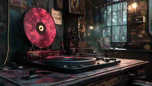 Retro industrial turntable workstation in moody loft studio