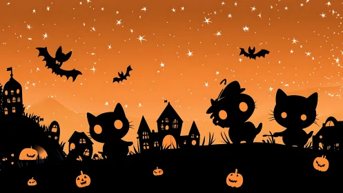 Spooky Halloween Night With Friendly Black Cats and Jack-O'-Lanterns