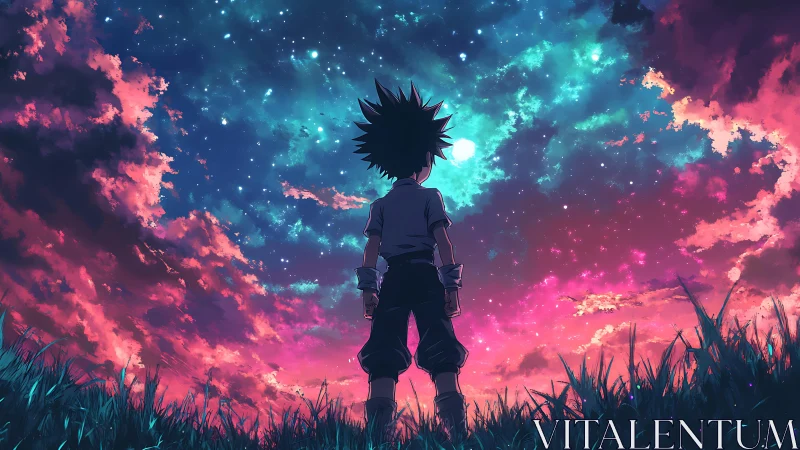 Anime boy stands in grass under vivid cosmic night sky.