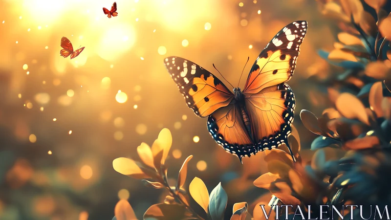 Sunlit monarch butterfly suspended in glowing bokeh garden.