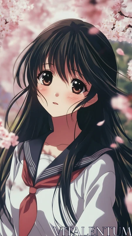 Anime portrait of schoolgirl under soft-focus cherry blossoms.