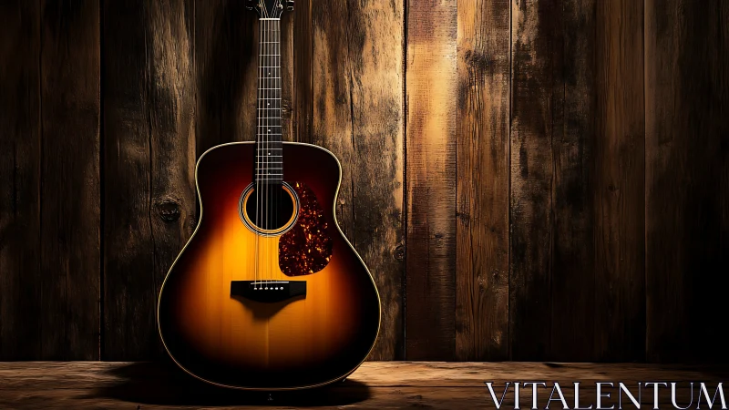 Sunburst acoustic guitar against dark rustic wood wall.