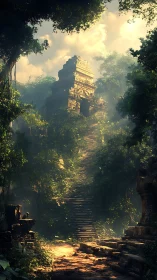 Sunlit jungle stairway winding toward a forgotten temple.