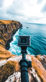 Action camera on cliff edge overlooking rugged coastline.