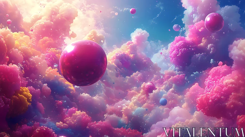 Spherical forms appear within volumetric pink and blue clouds