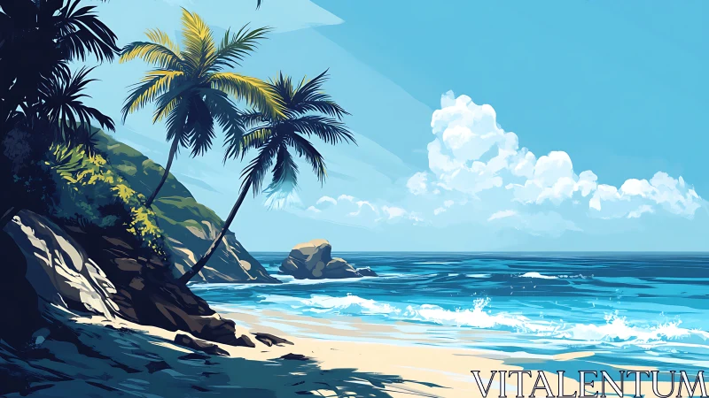 Coastal landscape with palm tree and rocky outcrops.