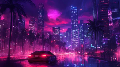 Neon-soaked coastal megacity boulevard with retro sports car