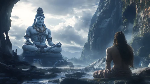 Meditating devotee before monumental Shiva statue, mist-lit seascape.