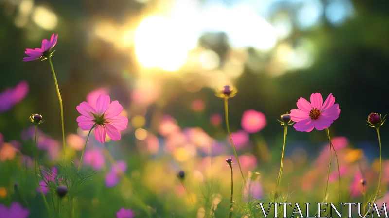 Pink Cosmos Flowers Catch Sunlight in Dreamy Garden
