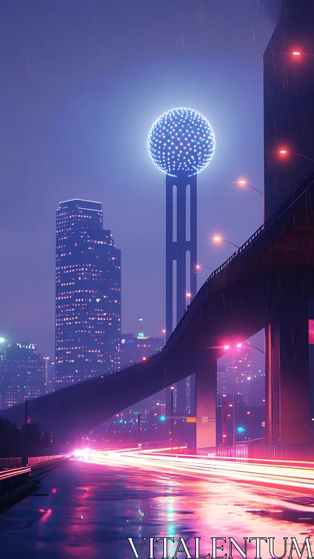 Neon raindrops crown a digital sphere above sleepless streets