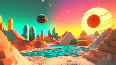 Voxel desert landscape with water and stylized planets.