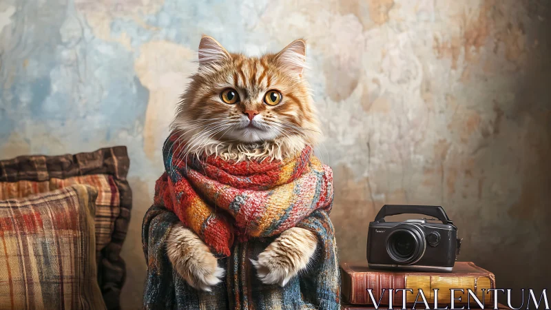 Fluffy Cat in Red Scarf with Vintage Camera Setup.