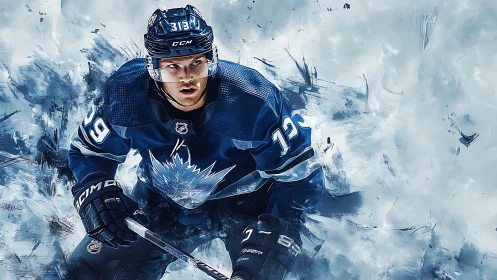 Hockey player in blue jersey skates forward through icy blur
