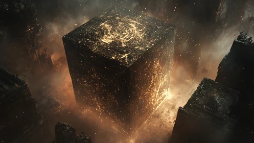 Massive luminous cube in dark industrial environment.