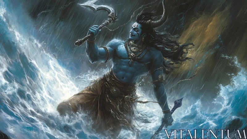 Storm-sculpted blue deity strides through roaring ocean fury.