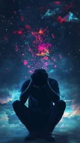 Silhouetted figure releases cosmic nebula from bowed head