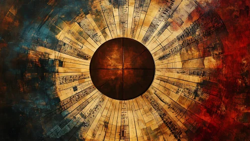 Circular musical score radiates from central dark brown disc
