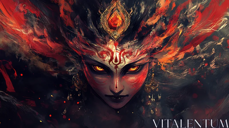 Infernal goddess ignites the void with molten stare and flame.