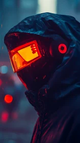 Hooded cyberpunk figure with red visor in rainy city night.