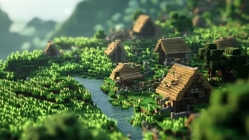 Voxel river village glows under soft daylight depth-of-field