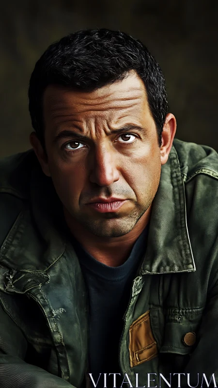 Brooding man in worn jacket stares ahead in moody portrait