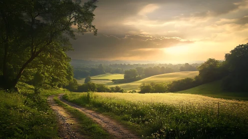 Sunlit country path winding through peaceful green hills.