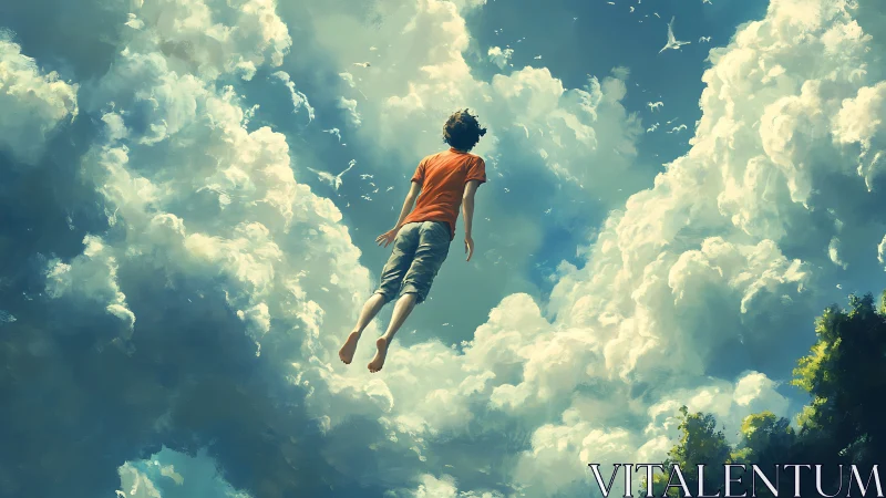 Boy ascends through vast summer clouds toward bright sky.