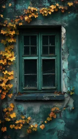 Green wooden window is framed by weathered wall and ivy