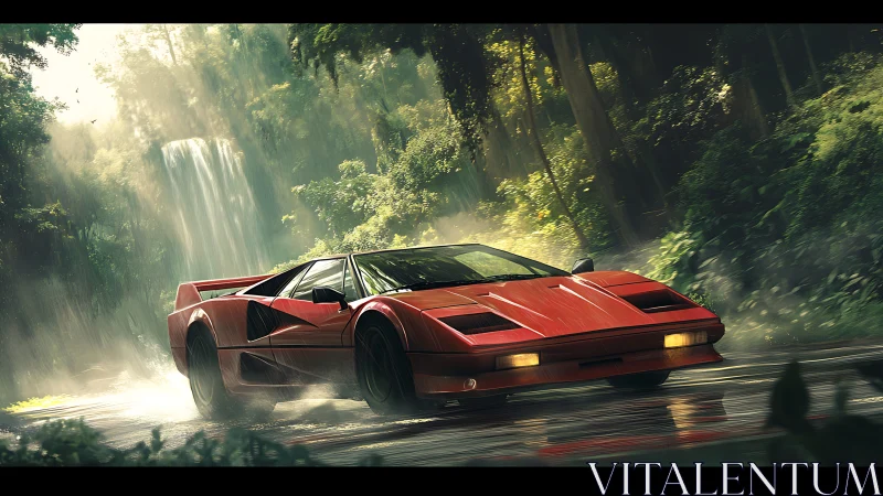 Red supercar drifts through misty rainforest cascade light.