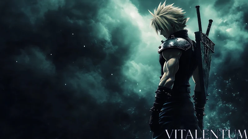 Spiky haired swordsman stands in profile against storm clouds