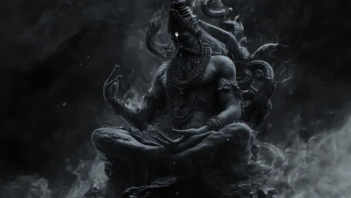 Digital painting of meditative deity in swirling monochrome void.