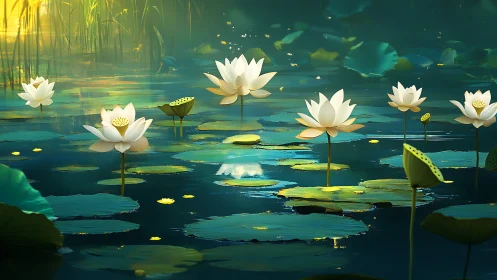 Digital lotus pond at dusk with glowing water reflections.